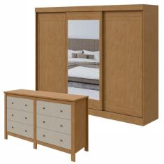 Imagem de Conjunto de Guarda-Roupa 3 Portas 4 Gavetas Nice com Espelho e Cômoda Maggiore New  Amêndoa Clean/Off White