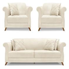 Imagem de Kit 2 Poltronas e Sofá Living 2 Lugares 1,60m Vênus Linho Pés Castanho