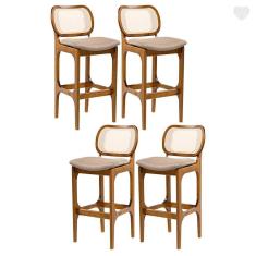 Imagem de Kit 4 Banquetas Alta para Bancada Decor Encosto Rattan Madeira Imbuia Linho Marrom L87 RMI
