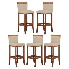 Imagem de Kit 5 Banquetas Alta Encosto Estofado 38x102 Cm Paris Madeira Maciça Castanho Suede Bege CCS
