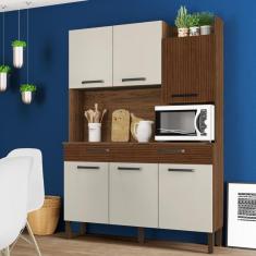 Imagem de Armário De Cozinha Compacta 6 Portas 2 Gavetas Modena - Nogueira-off White-cp-ripado Nogueira-off White-cp-ripado