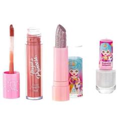 Imagem de Kit Maquiagem Infantil Estojo Com Batom Esmalte Gloss Adesivo Menina M