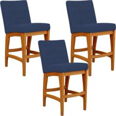 Imagem de Kit 03 Banqueta Baixa Cozinha Bancada Bar Sala Jantar Fixa Mila L02 Suede Azul Marinho - Lyam Decor