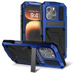 Imagem de Capa de metal compatível com iPhone 16 Pro 5G com suporte, protetor de tela integrado, capa para câmera, armadura militar resistente, durável, resistente, à prova de choque, testada contra quedas