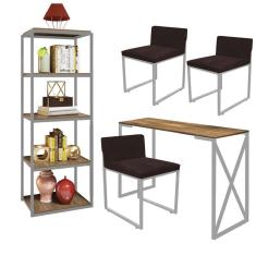 Imagem de Kit Escritório Bex 3 Cadeiras Sintético Marrom com 1 Mesa e 1 Livreiro Ferro Cinza MDF Freijó - Ahazzo Móveis