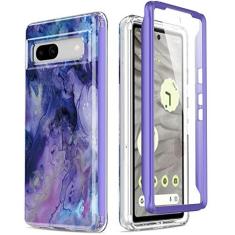 Imagem de Esdot Capa para Google Pixel 7A com protetor de tela integrado, capa robusta de grau militar com designs bonitos da moda para mulheres e meninas, capa protetora para celular novo Pixel 7A roxo opala mármore