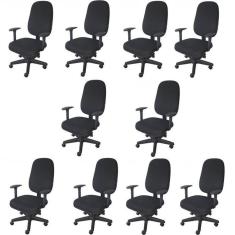 Imagem de Kit 10 Unidades Cadeira Escritório Secretária Giratória com Braço Regulável em Couro Preto