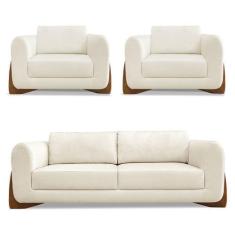 Imagem de Kit 2 Poltronas E Sofá Living 2 Lugares 1,60M Lottus Linho Natural Pés