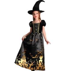 Imagem de Fantasia Halloween Infantil pra Menina Bruxa Gótica de Luxo Com Chapéu