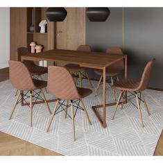Imagem de Mesa Industrial Retangular Amêndoa Base V Cobre 137x90cm com 6 Cadeiras Madeira Estofadas Caramelo