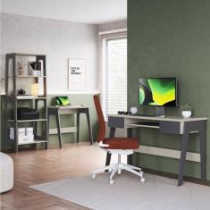 Imagem de Conjunto Escritório Home Office Primazzia 03 Peças Escrivaninhas com Estante Grafite/Off White