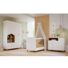 Imagem de Quarto de Bebê Berço e Cômoda 3 Gavetas 1 Porta e Guarda-Roupa 4 Portas 4 Gavetas Happy Espresso Móveis Branco