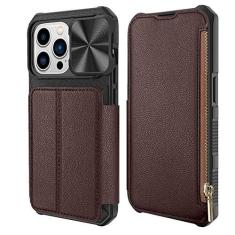 Imagem de Carteira de couro flip com zíper, protetor de lente de câmera, capa de telefone para iPhone 14 Pro Max Plus capa de cartão de proteção híbrida, marrom, para iPhone 14ProMax