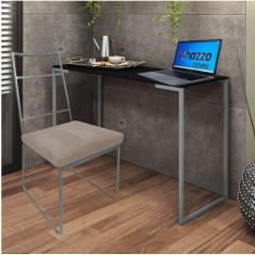 Imagem de Kit Escritório Stark Cadeira e Mesa Industrial Ferro Prata Tampo MDF Caramelo Corino Bege - Ahz Móveis