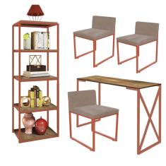 Imagem de Kit Escritório Bex 3 Cadeiras Sintético Bege com 1 Mesa e 1 Livreiro Ferro Bronze MDF Freijó - Ahazzo Móveis