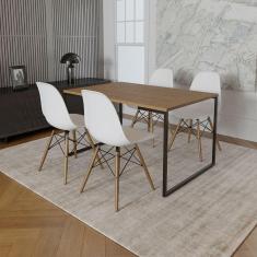 Imagem de Mesa Industrial Base De Ferro Preto Tampo 137X90 Amêndoa 4 Cadeiras Madeira Assento Branco Marrom