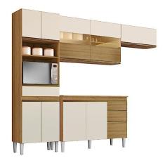 Imagem de Armário de Cozinha Completa com Balcão e Nicho para Micro-ondas 9 Portas 3 Gavetas Clara Atacama/off White Aramóveis