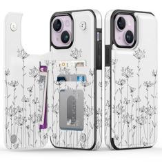 Imagem de Goodon Capa carteira para iPhone 14 - Capa flip de couro com design floral moderno, 4 compartimentos para cartão e função de suporte, capa protetora elegante para mulheres e meninas - Flores