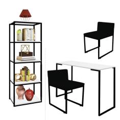Imagem de Kit Escritório Ravi 2 Cadeiras Suede Preto com 1 Mesa e 1 Livreiro Ferro Preto MDF Branco - Ahazzo Móveis