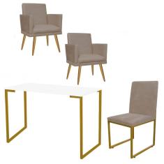 Imagem de Kit Escritório Stan 2 Poltronas Rodapé com Cadeira e Mesa Industrial Branco Dourado Suede Bege - Ahz Móveis