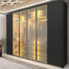 Imagem de Guarda Roupa Casal com Vidro Reflecta LED e Pés 6 Portas 100 MDF Innova Gelius - Preto Acetinado