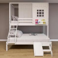 Imagem de Beliche Casinha Reta Casal/ Solteiro com Escorregador e Cortina Madeir