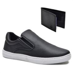 Imagem de Kit Tênis Casual Masculino Slip On Elástico Conforto + Carteira Preto