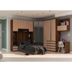 Imagem de Guarda Roupa Solteiro de Canto Vidro Reflecta com Escrivaninha Nogueira Cumaru Prime Luciane Móveis