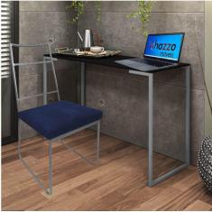 Imagem de Kit Escritório Stark Cadeira e Mesa Industrial Ferro Cinza Tampo MDF Ambar Suede Azul Marinho - Ahz Móveis