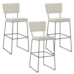 Imagem de Kit 03 Banquetas Alta Cozinha Sala De Jantar Base Aço Fixa Allana L02 Linho Champagne - Lyam Decor