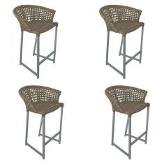 Imagem de Kit 4 Banquetas Reis Em Corda Náutica E Base Em Alumínio Cinza Para área Gourmet Externa Rami Bege