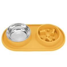 Imagem de GLOGLOW Conjunto de tigela para cães de estimação, alimentador lento duplo removível antideslizante com tapete de silicone antiderrapante, tigela de água de aço inoxidável para cães, gatos, animais de estimação