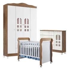 Imagem de Quarto De Bebê New Selena 4 Portas Com Cômoda Selena E Berço Mirelle Branco Acetinado Amadeirado
