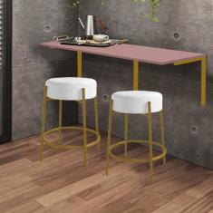 Imagem de Kit Mesa Suspensa de Parede Fixa MDF Rosa + 2 Banquetas Sintra Ferro Dourado Sintético Branco - Ahazzo Móveis