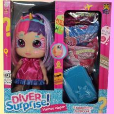 Imagem de Boneca Diver Surprise Vamos Viajar Cabelo Roxo e Rosa Divertoys 8227