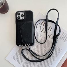 Imagem de Colar cordão corrente capa de telefone de couro para iPhone 14 13 12 11 Pro Max 7 8 Plus SE XR XS Max cordão corda com capa carteira, preto, para iPhone 13