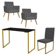 Imagem de Kit Escritório Stan 2 Poltronas Capitonê com Cadeira e Mesa Industrial Preto Dourado Suede Cinza - Ahz Móveis