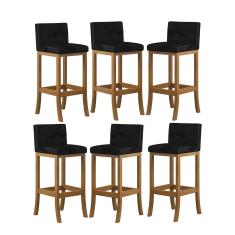 Imagem de Kit 6 Banquetas Alta Encosto Estofado 38x100 Cm Ilha Espanha Madeira Maciça Amêndoa Suede Preto ccs