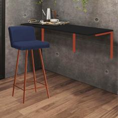 Imagem de Kit Mesa Suspensa de Parede Fixa MDF Preto + 1 Banqueta Lexi Ferro Bronze Corino Azul Marinho - Ahazzo Móveis