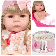 Imagem de Boneca Reborn Loira 46cm Cabelo Longo Com Vários Itens