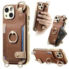 Imagem de Para iphone 15 14 plus 13 12 11 pro max chapeamento caso do telefone alça de pulso anel com cordão longo & amp; Capa de couro PU com corda de mão curta, marrom escuro, para iPhone 14 Pro Max