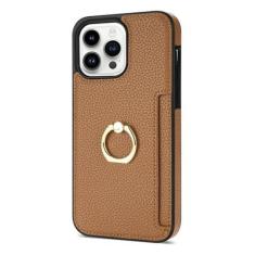 Imagem de HAO RIYLN Capa carteira para iPhone 15 Pro Max/15 Pro/15 Plus/15, capa de telefone com padrão de lichia de couro com suporte para anel e compartimento para cartão, capa à prova de choque, marrom, 15