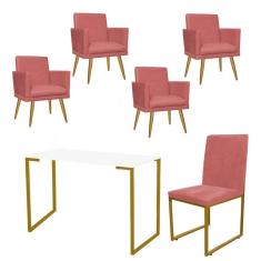 Imagem de Kit Escritório Stan 4 Poltronas Rodapé com Cadeira e Mesa Industrial Branco Dourado Suede Rose Gold - Ahz Móveis