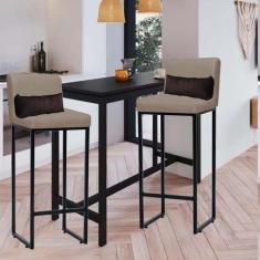 Imagem de Kit 02 Banqueta Alta com Encosto Lucca Industrial Cozinha Balcão Ferro Preto Corino Bege e Almofada Marrom - Ahazzo Móveis
