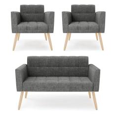 Imagem de Kit 1 Sofá Namoradeira E 2 Poltronas Elisa Linho Grafite A26 Pés Palito Natural - D`rossi