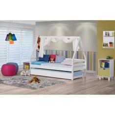 Imagem de Bicama Infantil Prime com Telhado Vi e Xale - Madeira Maciça - Laca Branco Casatema