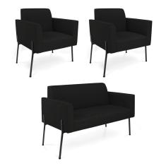 Imagem de Sofá Namoradeira e 2 Poltronas Pé de Ferro Preto Marisa Linho Preto D03 - D`Rossi