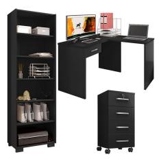 Imagem de Mesa para computador com Gaveta e Extensora e Gaveteiro Gávea com Chave e Livreiro Office Preto Fosco - Móveis Leão