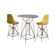 Imagem de Jogo Mesa Bistrô Eames Branca 60Cm 2 Banquetas Amarela Base Ferro Cobre - Cor: Branco