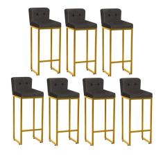 Imagem de Kit 07 Banqueta Alta Lucca Ferro Dourado Botão Suede Cinza